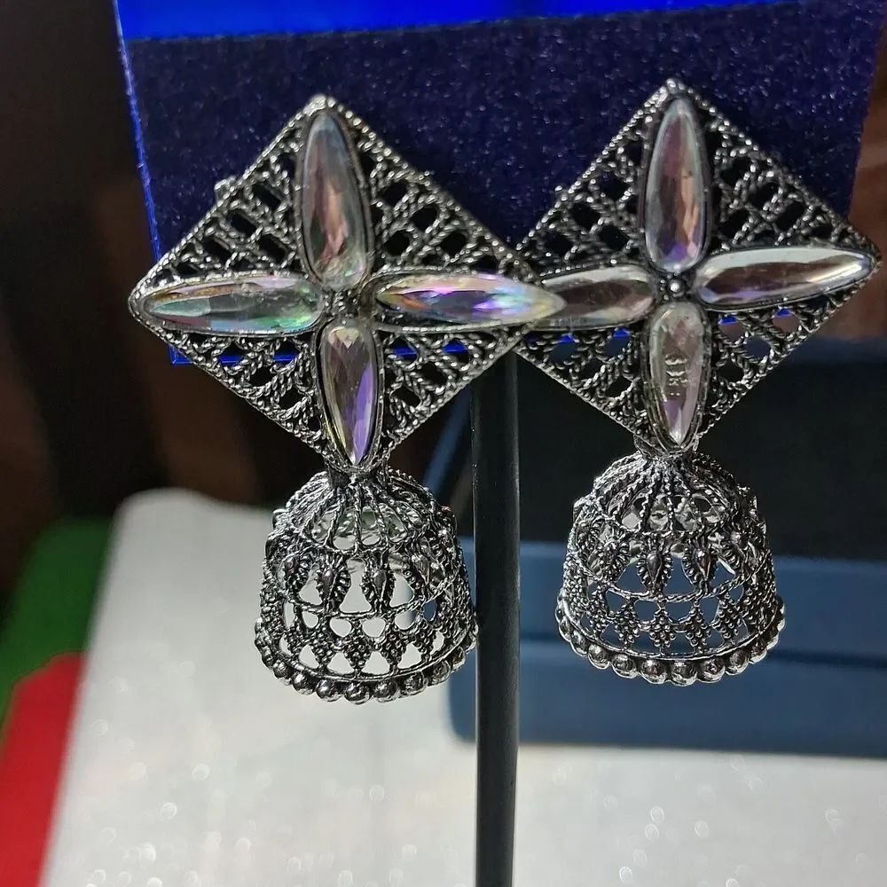 Jhumka Oxidized Beautiful Diamond Shaped Stud With The Textured Bell. New